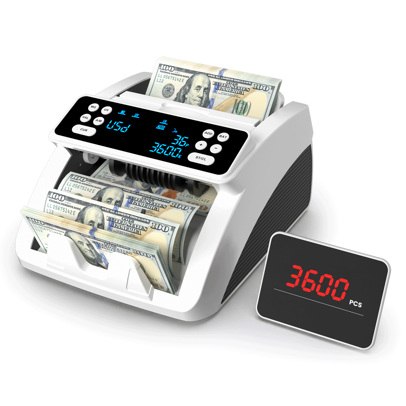 Money Counter Machine with Value Count for USD and EUR, UV MG IR Counterfeit Detection, Count Add Batch Auto Modes, Cash Counter with LED Display, Compact Powerful Design,Gray