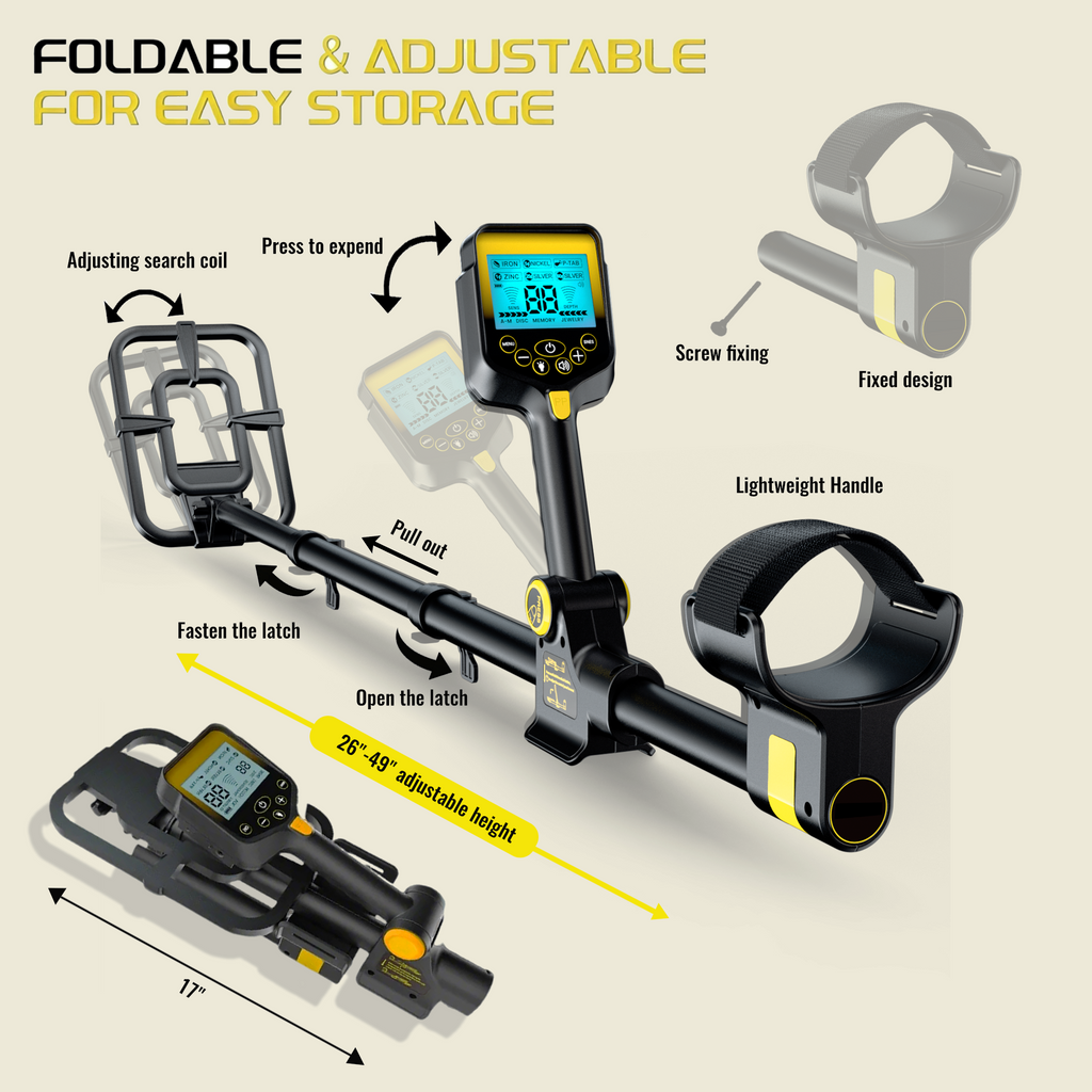 ANEKEN Waterproof Retractable Foldable Metal Detector - 2000mAh Rechargeable Professional Gold Detector with LCD Display, 10"" IP68 Coil