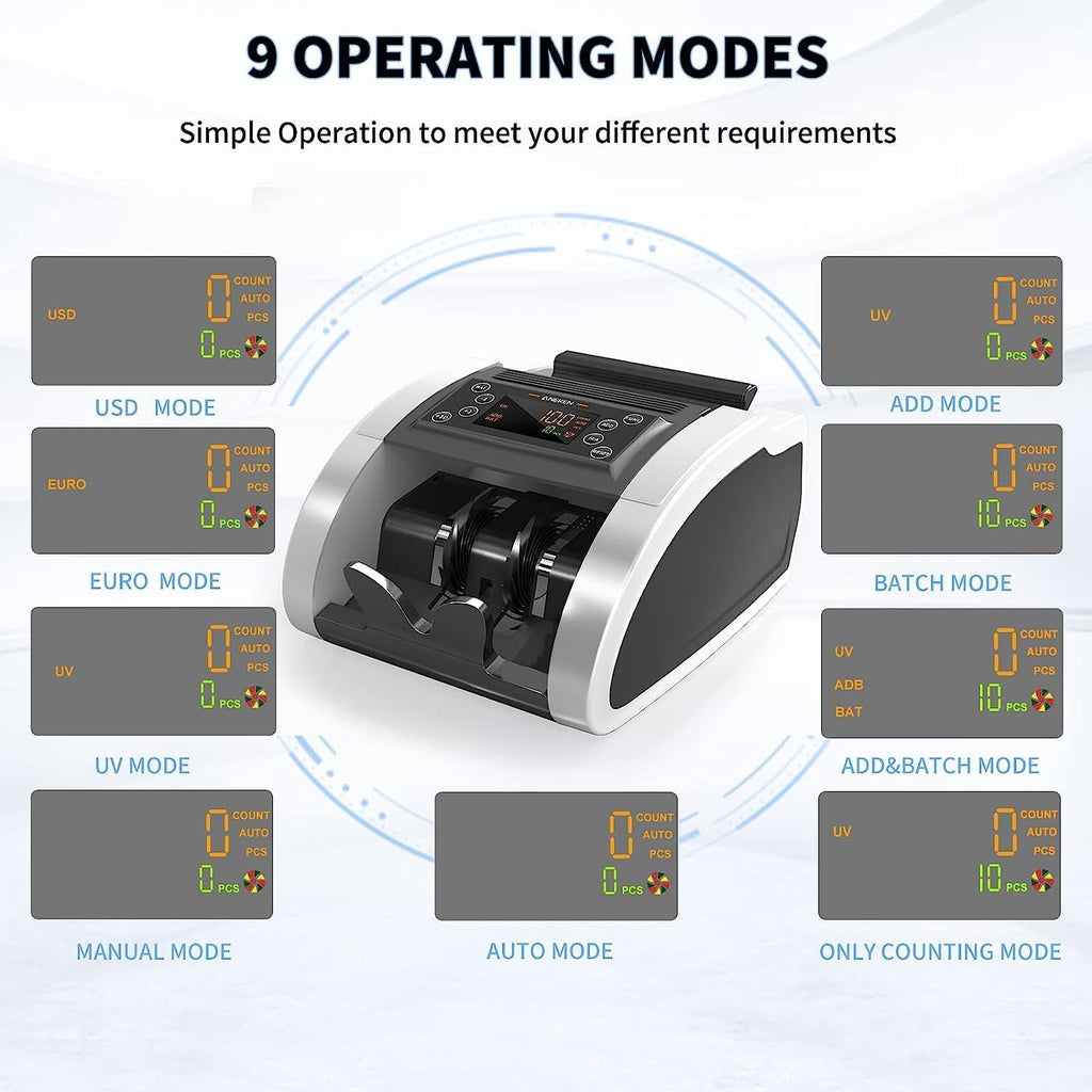 Aneken Money Counter Machine with Value Bill Count, Dollar, Euro with UV/MG/IR/DBL/HLF/CHN Counterfeit Detection, Bill Cash Counting