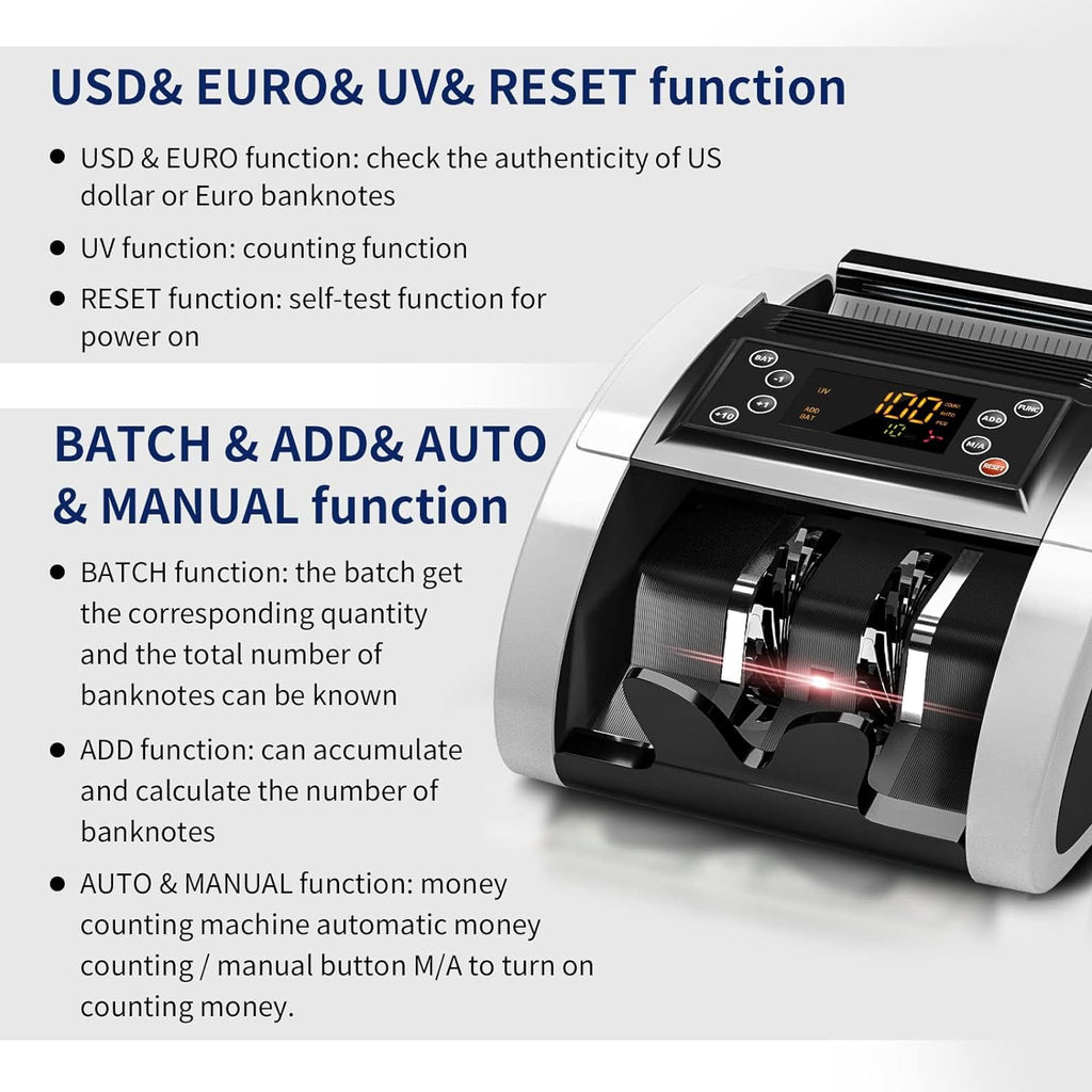 Aneken Money Counter Machine with Value Bill Count, Dollar, Euro with UV/MG/IR/DBL/HLF/CHN Counterfeit Detection, Bill Cash Counting