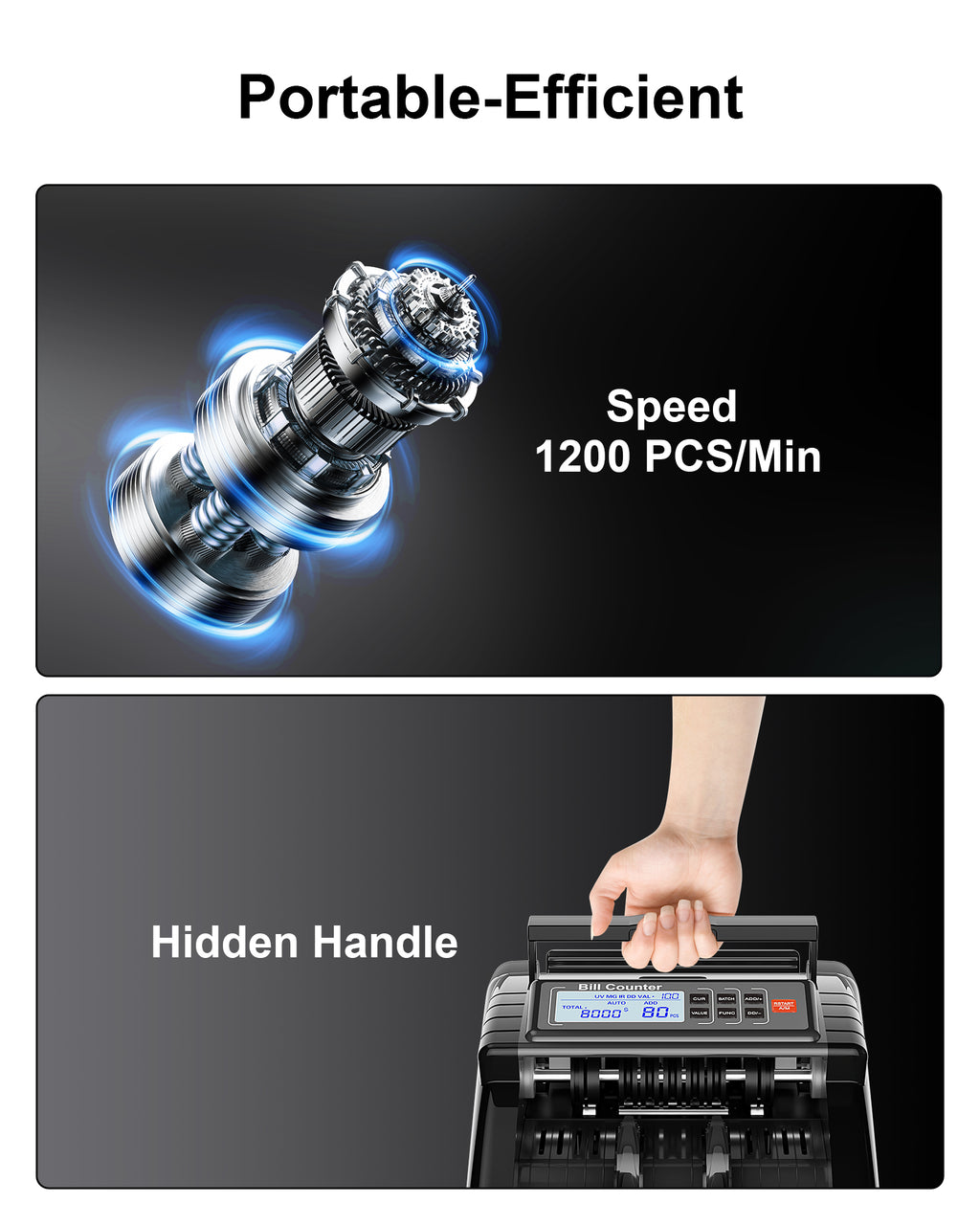 Aneken Money Counter Machine with Counterfeit Detection - 1000 Notes/Min, 3.7” LCD + External Display, Multi-Denomination Valuation
