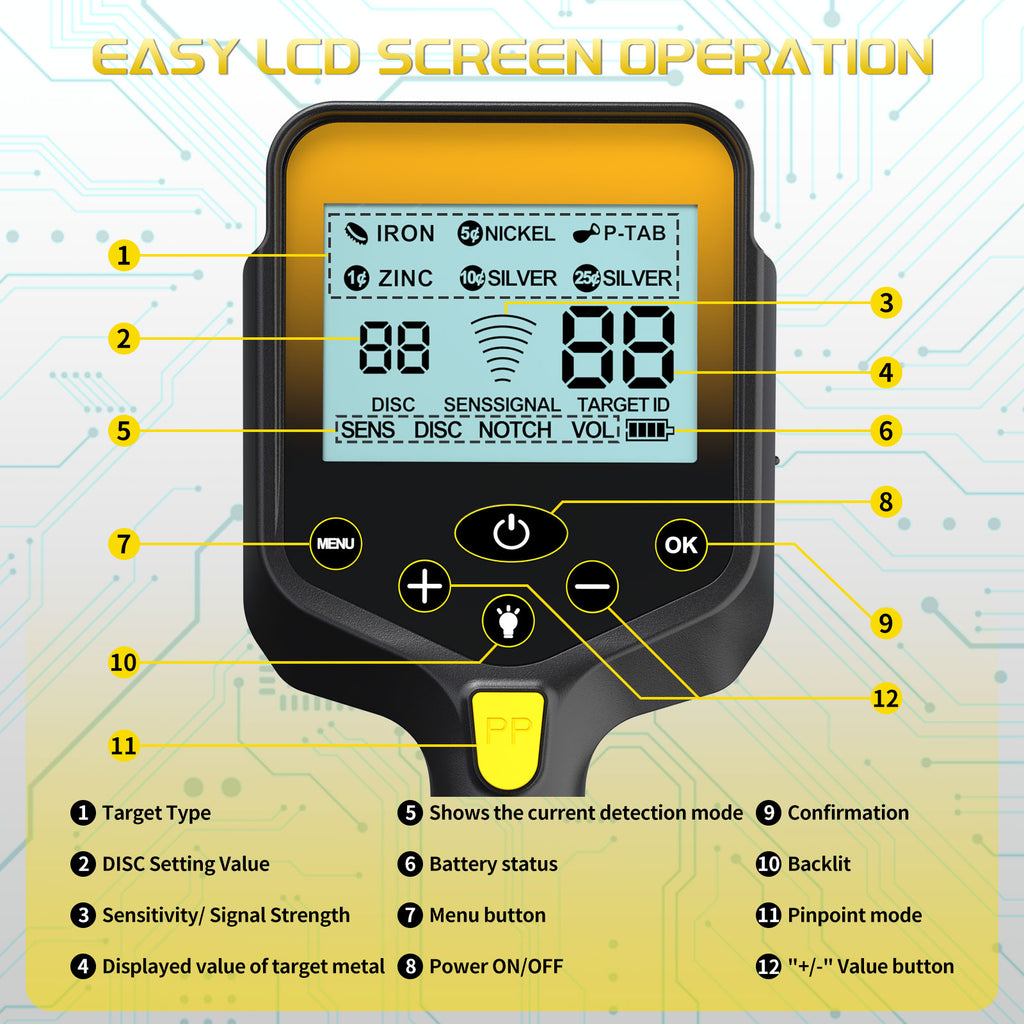 ANEKEN Waterproof Retractable Foldable Metal Detector - 2000mAh Rechargeable Professional Gold Detector with LCD Display, 10"" IP68 Coil