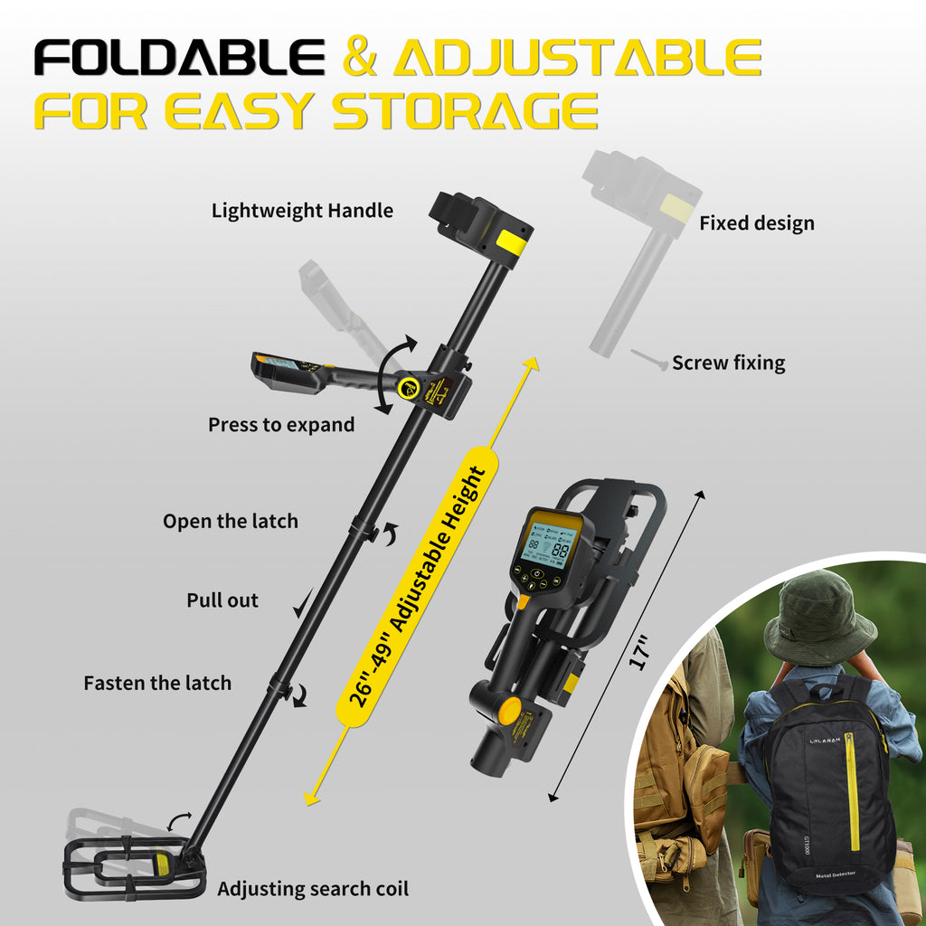 ANEKEN Waterproof Retractable Foldable Metal Detector - 2000mAh Rechargeable Professional Gold Detector with LCD Display, 10"" IP68 Coil