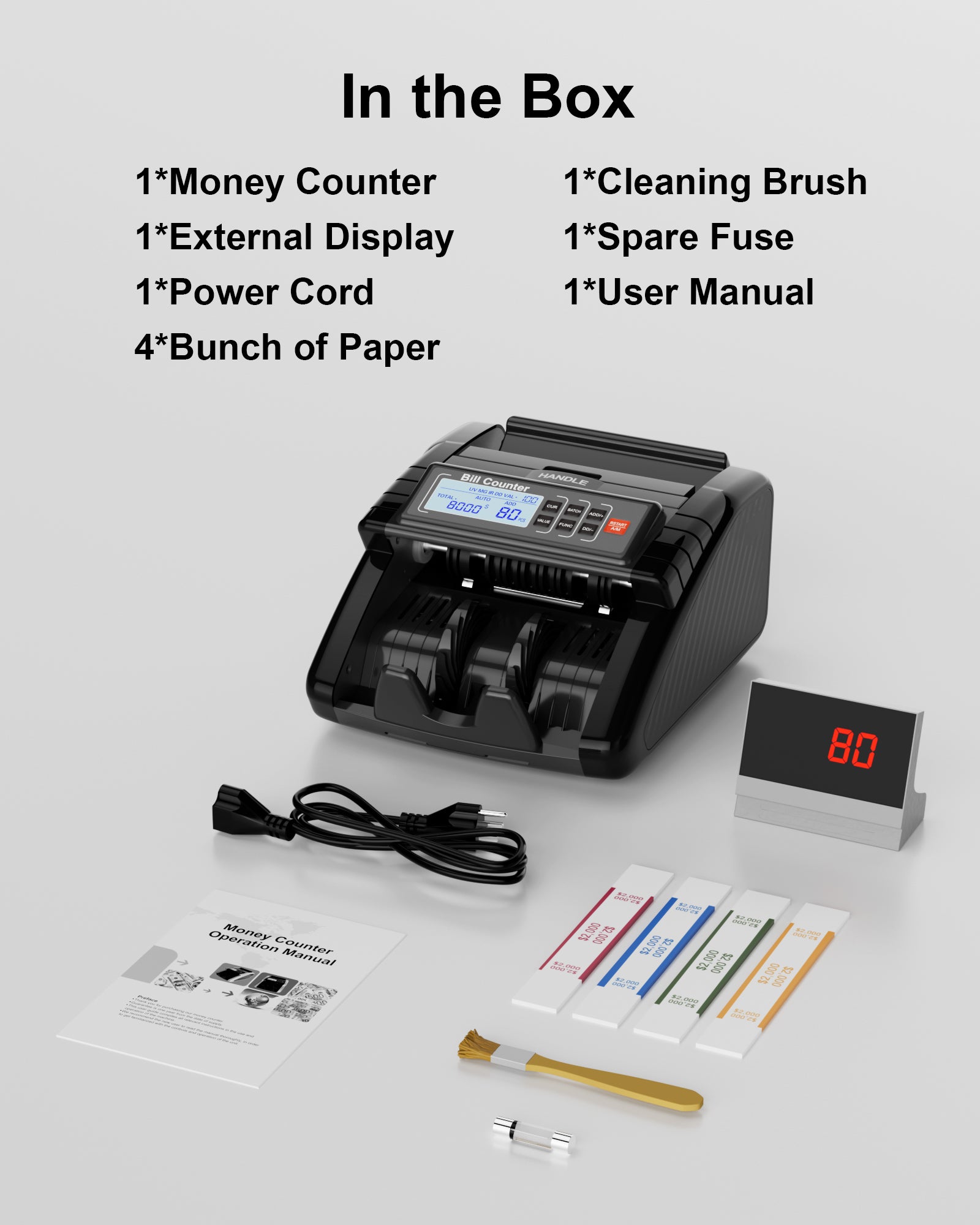 Aneken Money Counter Machine with Counterfeit Detection - 1000 Notes/Min, 3.7” LCD + External Display, Multi-Denomination Valuation