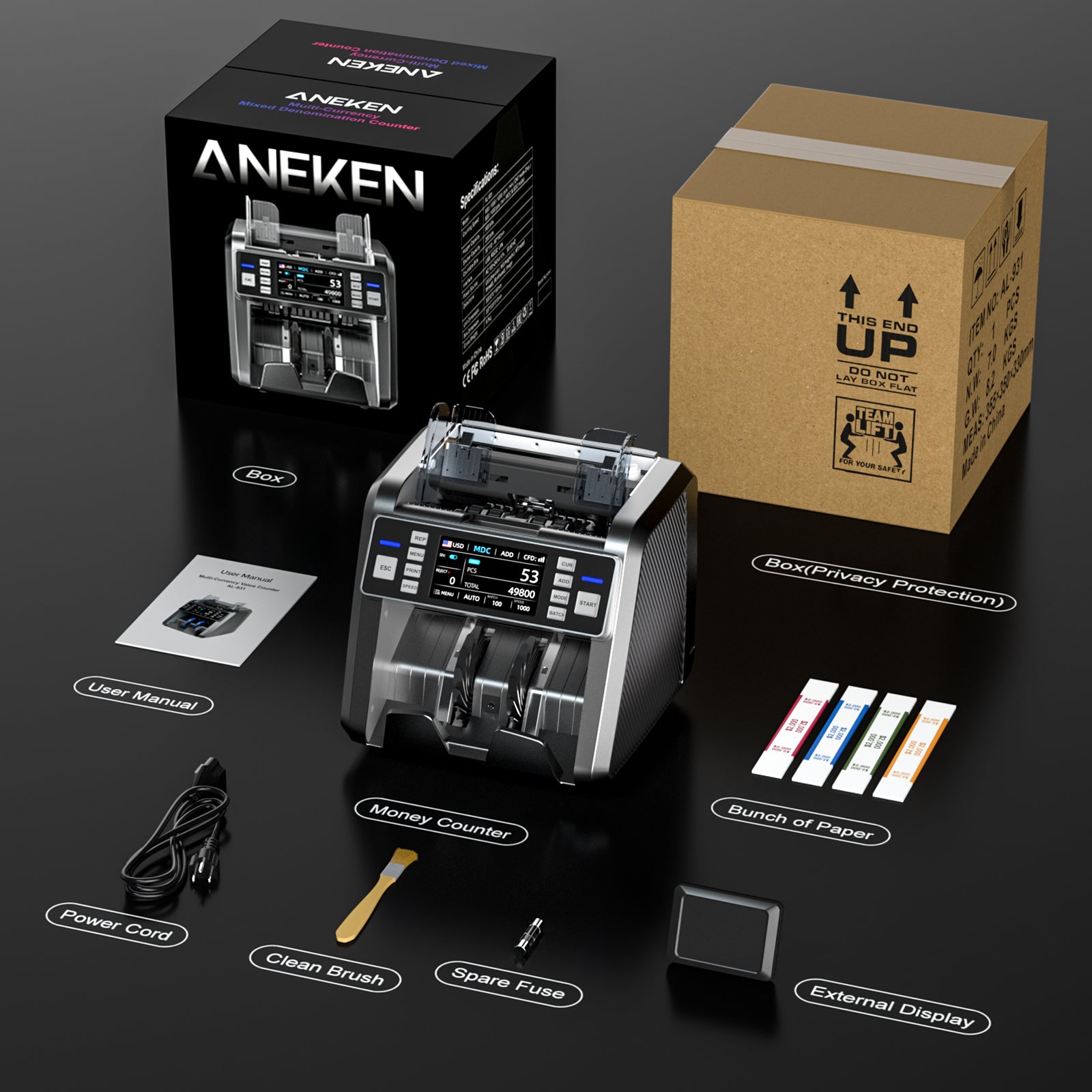 Aneken Mixed Denomination Money Counter with Counterfeit Detection