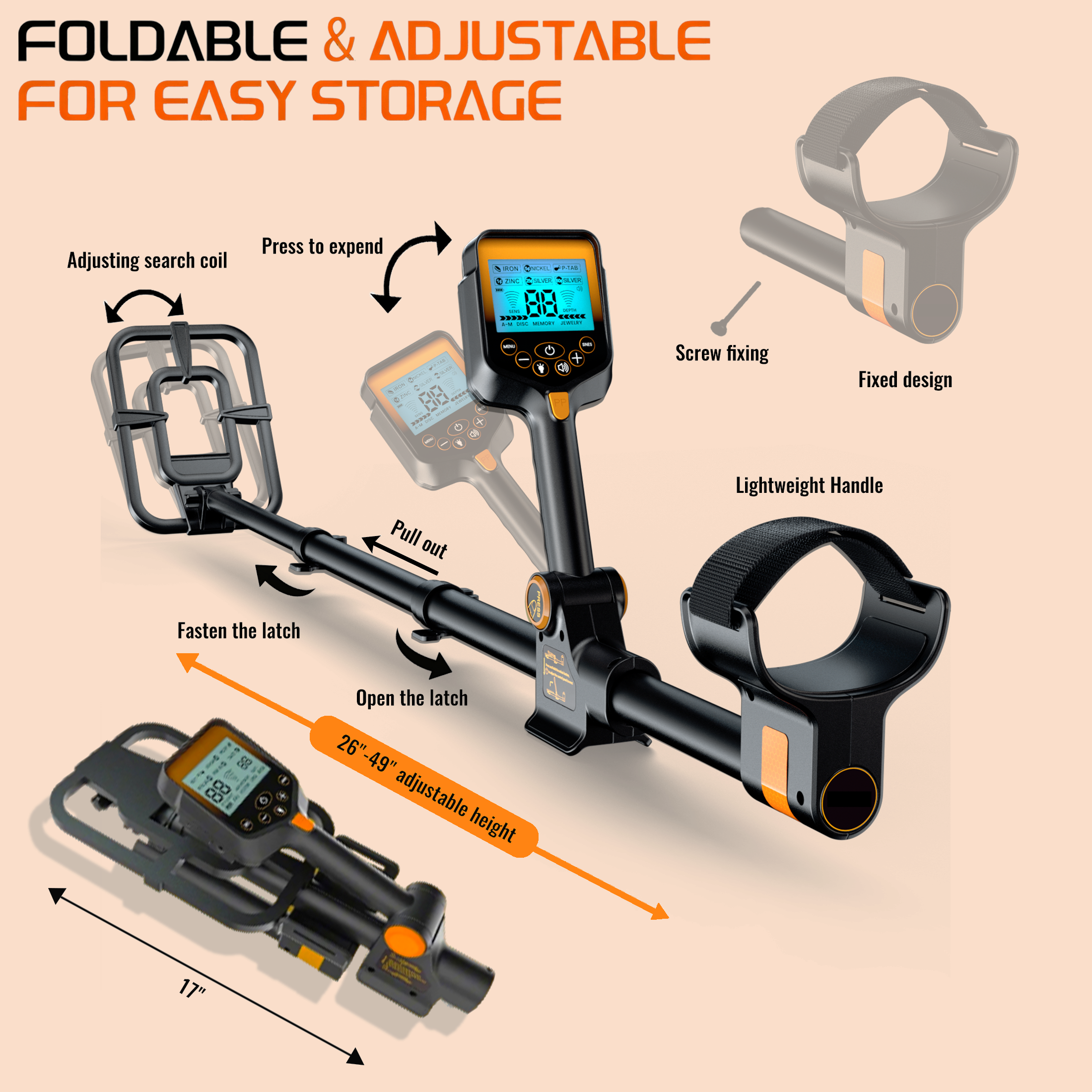 Aneken Metal Detector for Adults Professional, Up to 20 Hours of Extended Runtime, Adjustable Retractable Foldable Metal Detector Waterproof High Accuracy Gold Detector, Backlit LCD Display